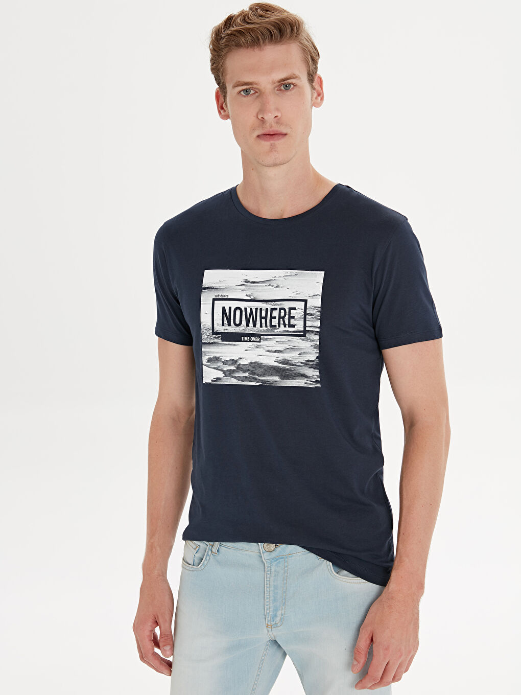 Lacivert Bisiklet Yaka Penye Erkek Tişört-1