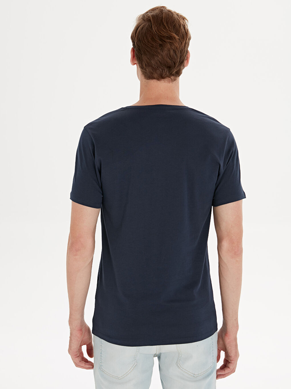 Lacivert Bisiklet Yaka Penye Erkek Tişört-2