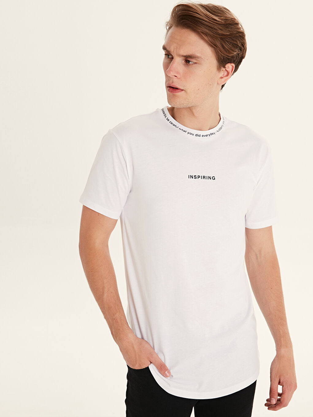 Beyaz Bisiklet Yaka Penye Erkek Tişört