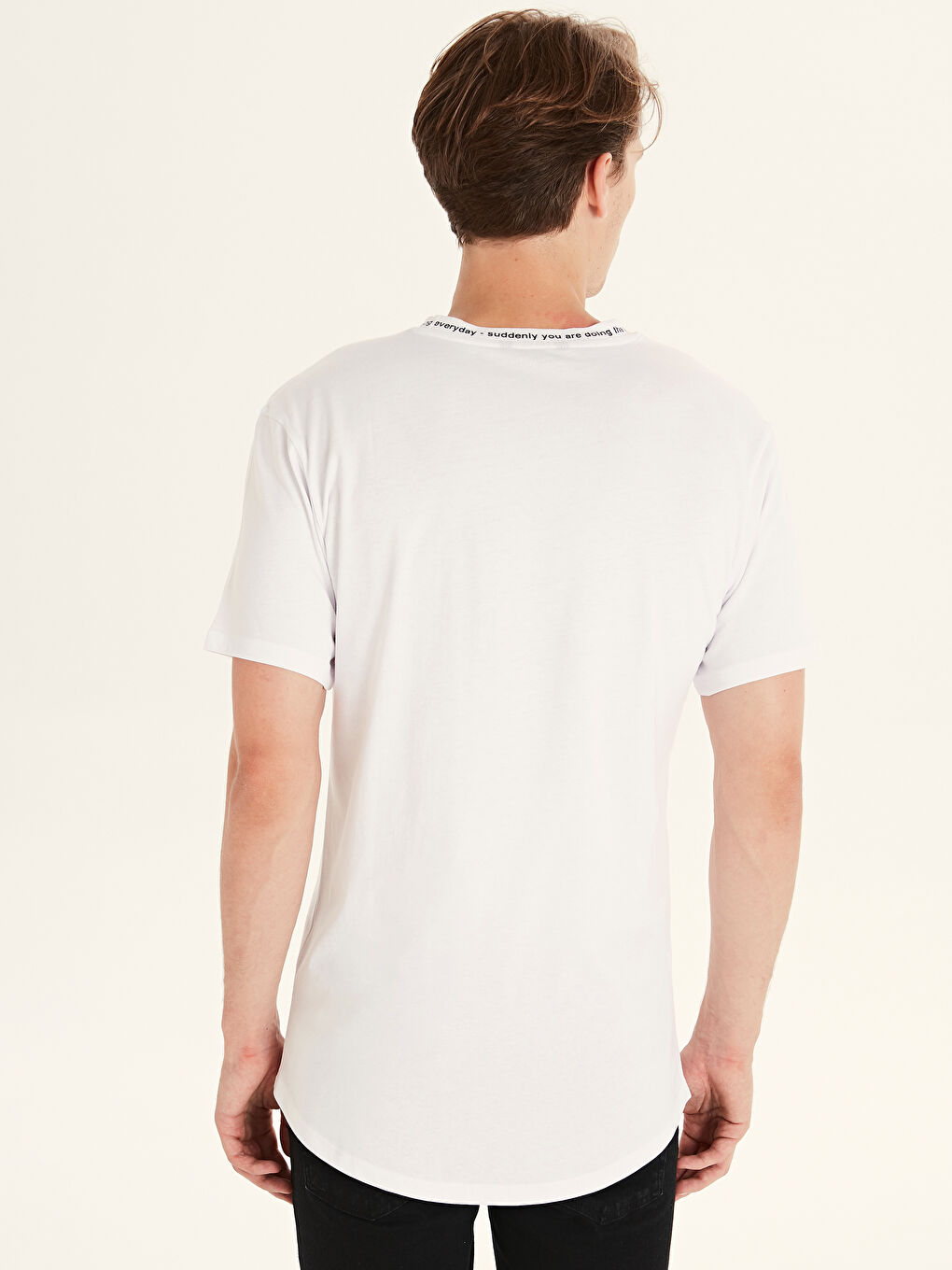 Beyaz Bisiklet Yaka Penye Erkek Tişört-2