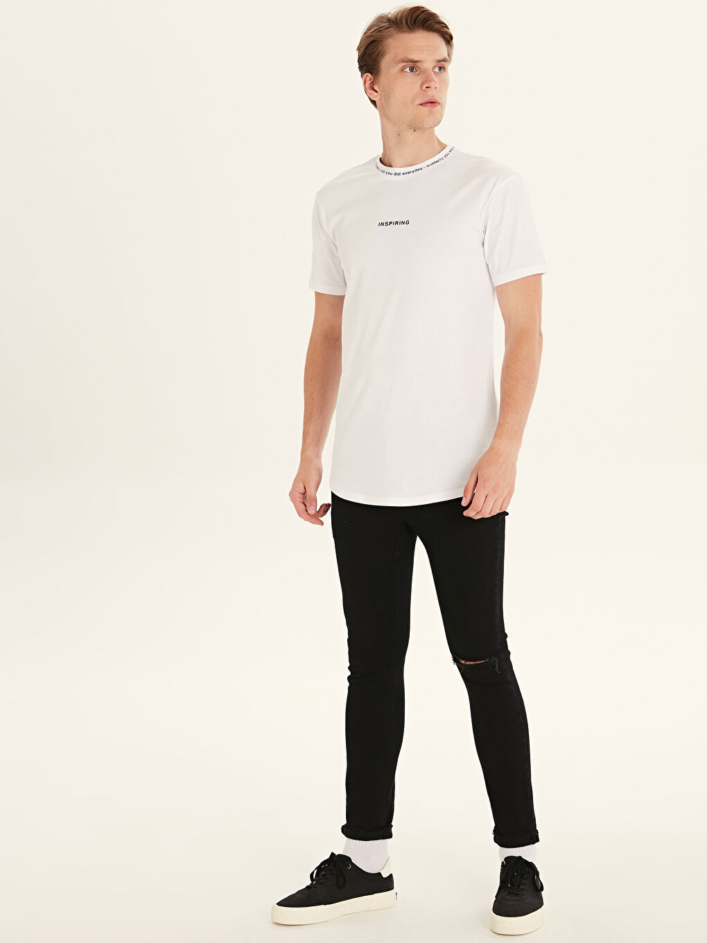 Beyaz Bisiklet Yaka Penye Erkek Tişört-3