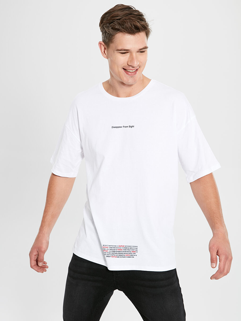 Beyaz Bisiklet Yaka Penye Erkek Tişört-1