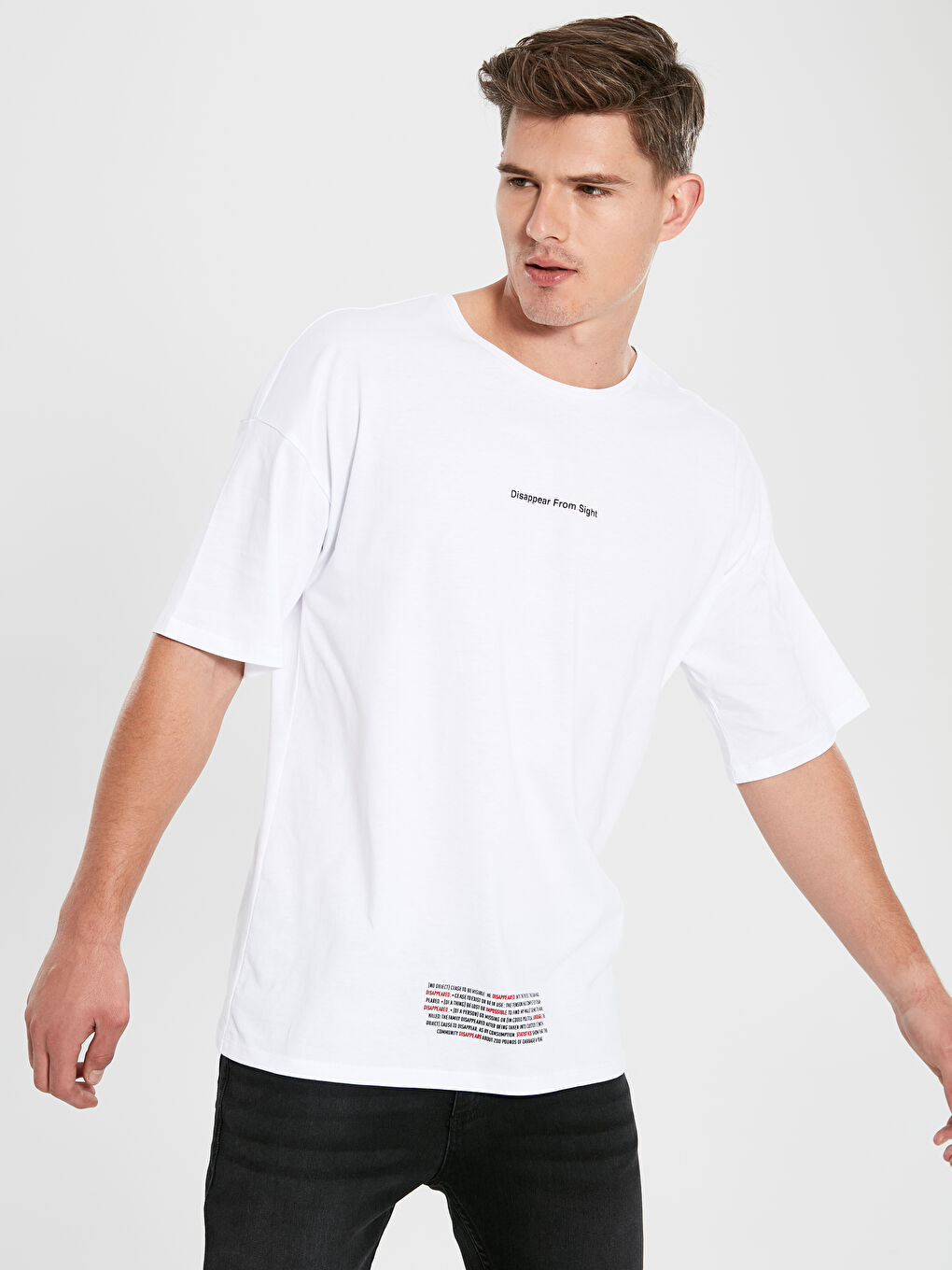 Beyaz Bisiklet Yaka Penye Erkek Tişört-2