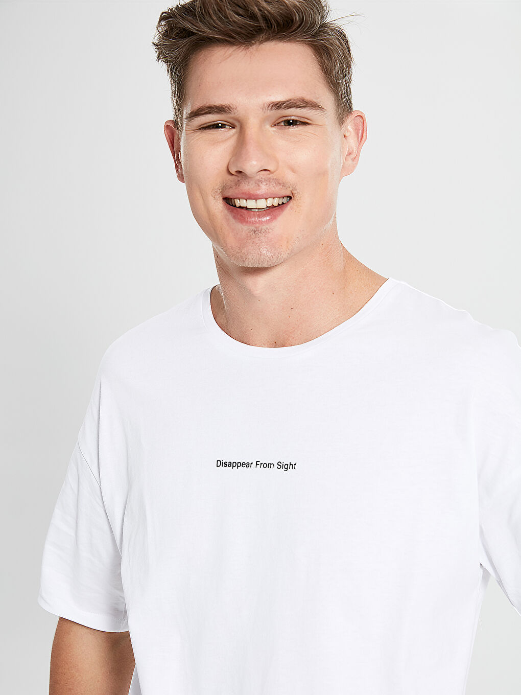 Beyaz Bisiklet Yaka Penye Erkek Tişört-3