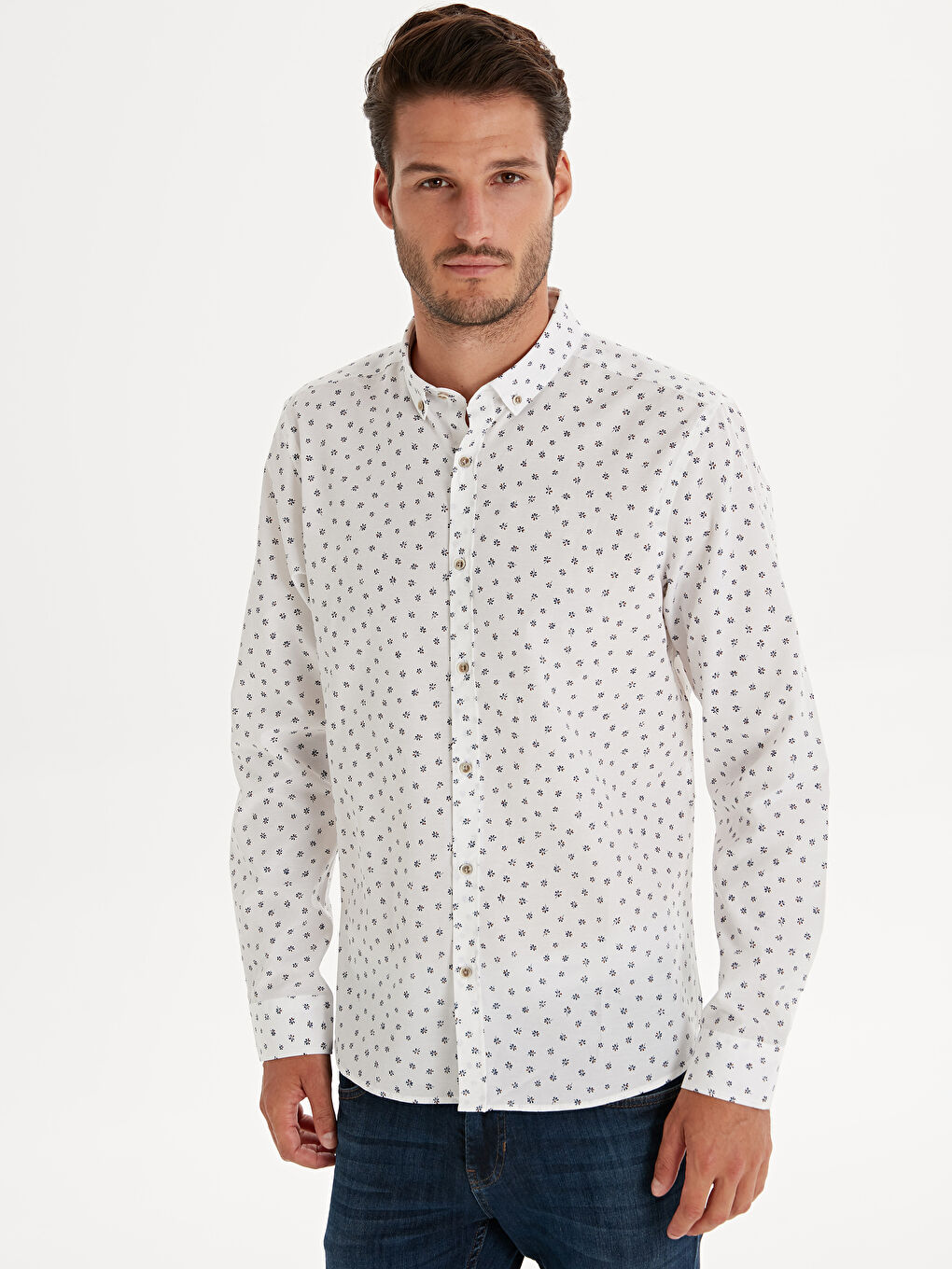 Beyaz Slim Fit Uzun Kollu Desenli Poplin Erkek Gömlek