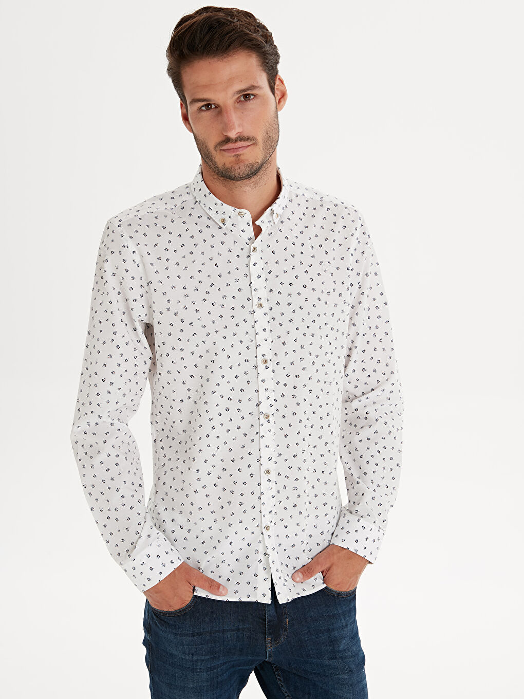 Beyaz Slim Fit Uzun Kollu Desenli Poplin Erkek Gömlek-1