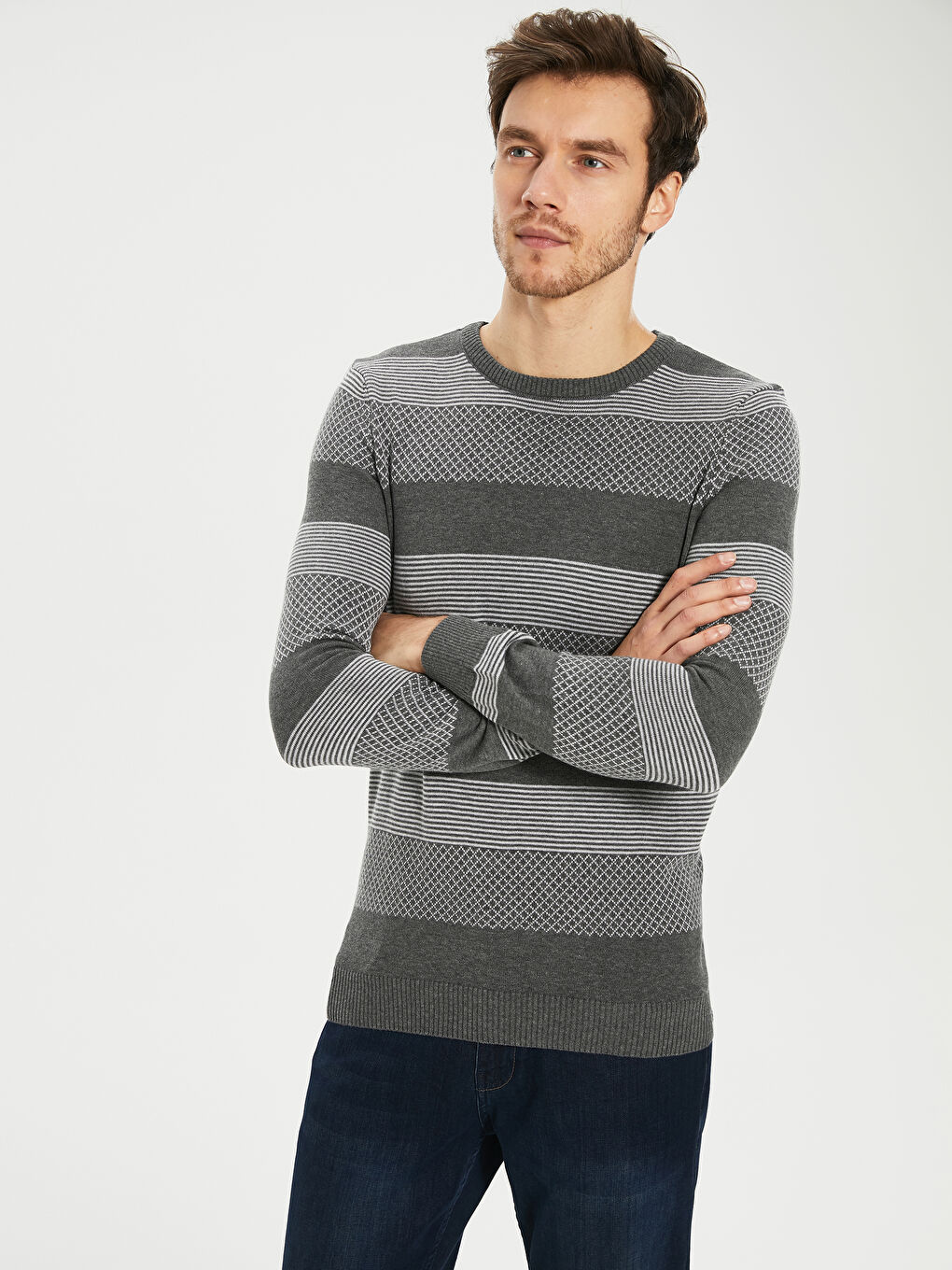 Gri Bisiklet Yaka Erkek Triko Kazak-1