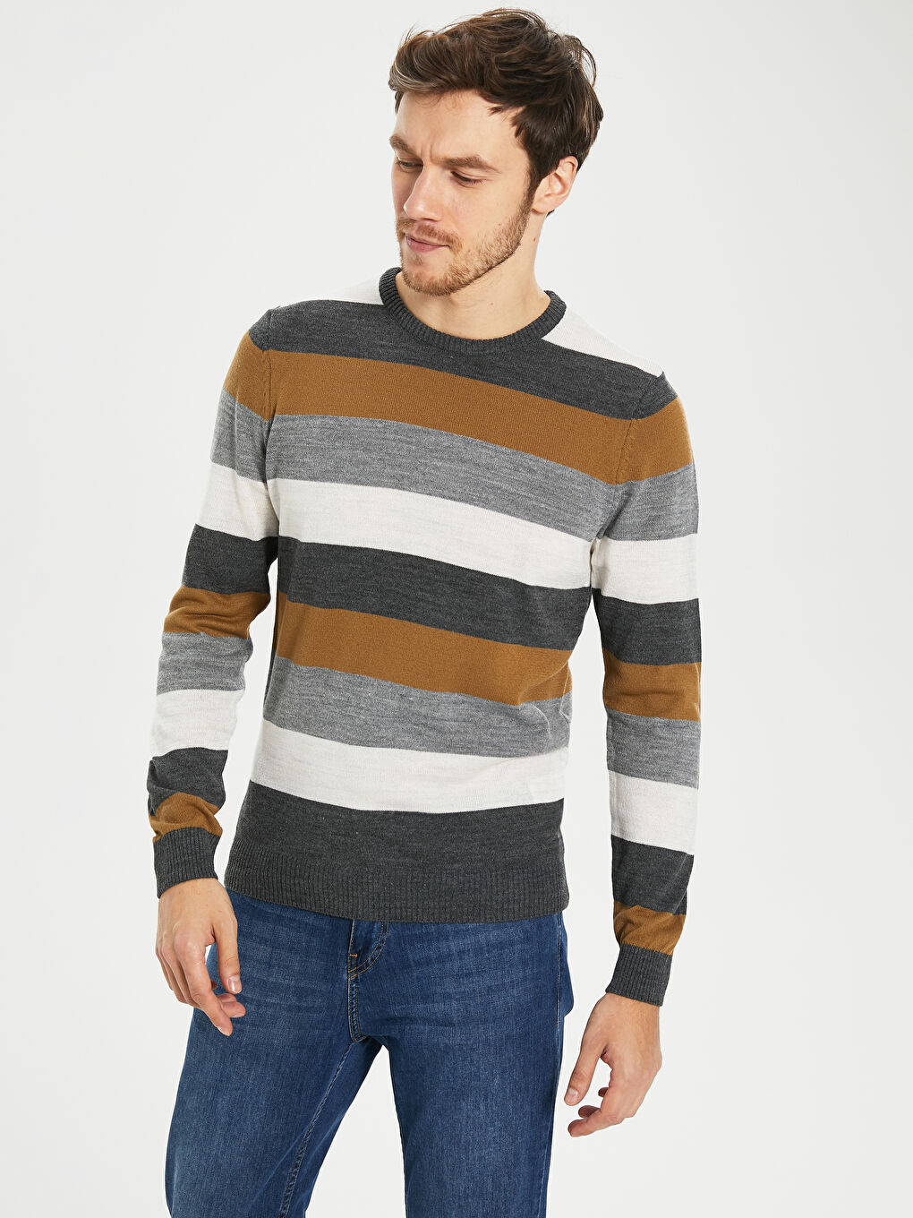 Sarı Bisiklet Yaka Uzun Kollu İnce Erkek Triko Kazak-1