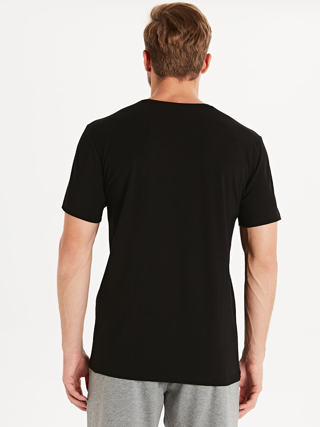 Siyah Bisiklet Yaka Penye Erkek Tişört-1