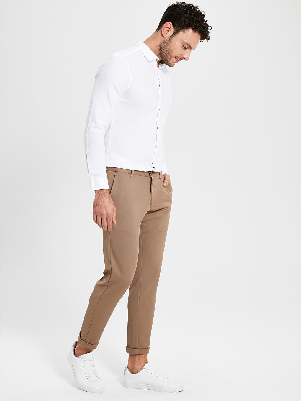 Bej Slim Fit Armürlü Erkek Pantolon