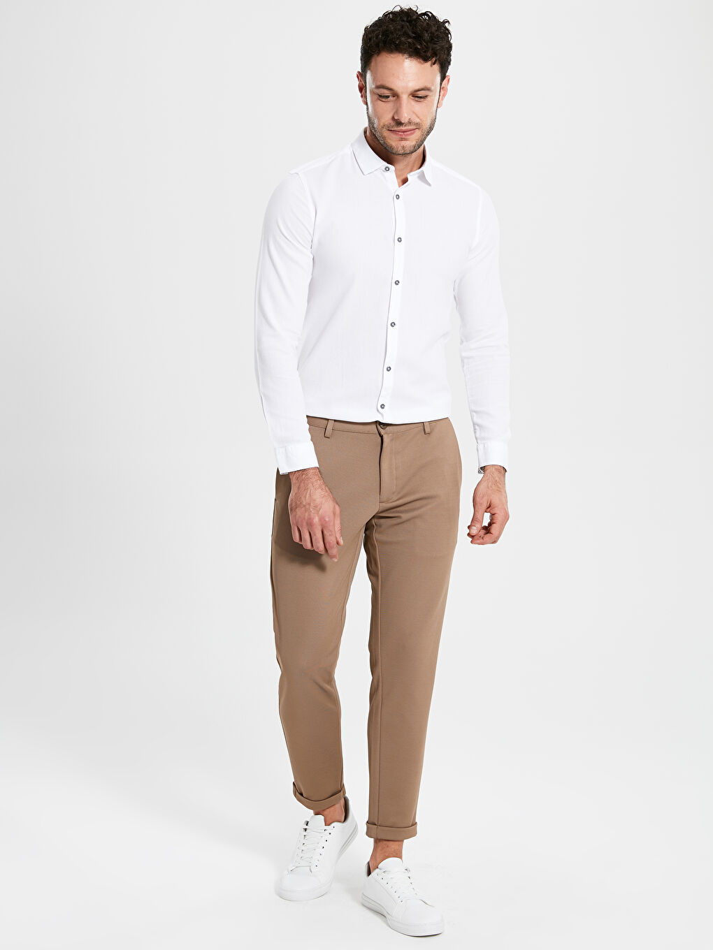 Bej Slim Fit Armürlü Erkek Pantolon-1