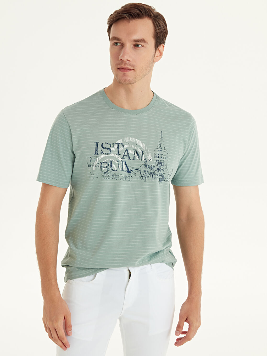 Yeşil Bisiklet Yaka Penye Erkek Tişört-1