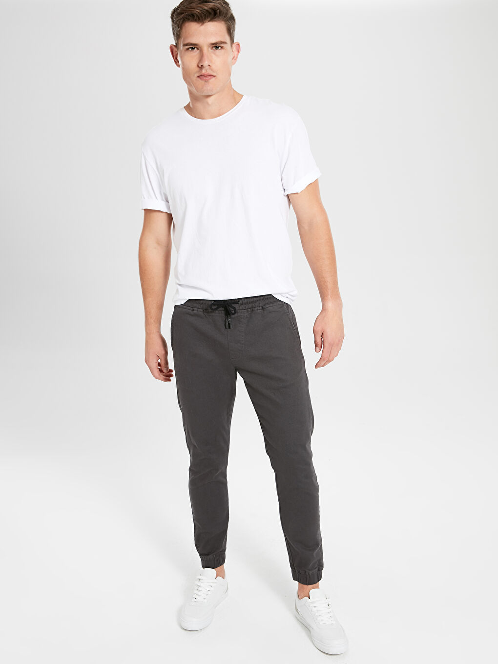Gri Slim Fit Jogger Gabardin Pantolon-1