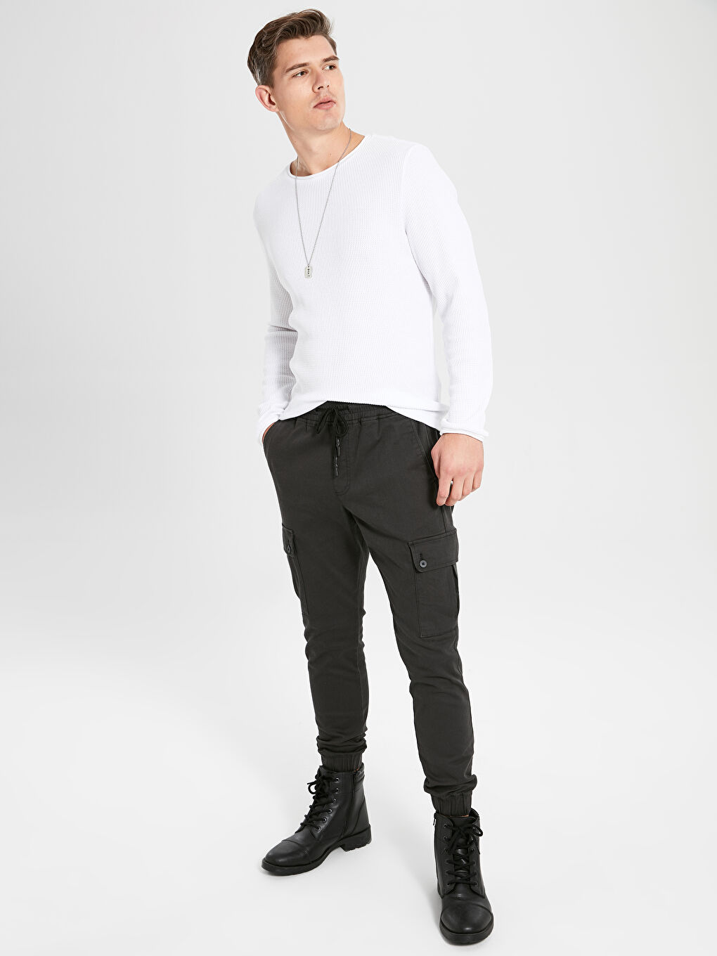 Gri Slim Fit Gabardin Kargo Pantolon-6