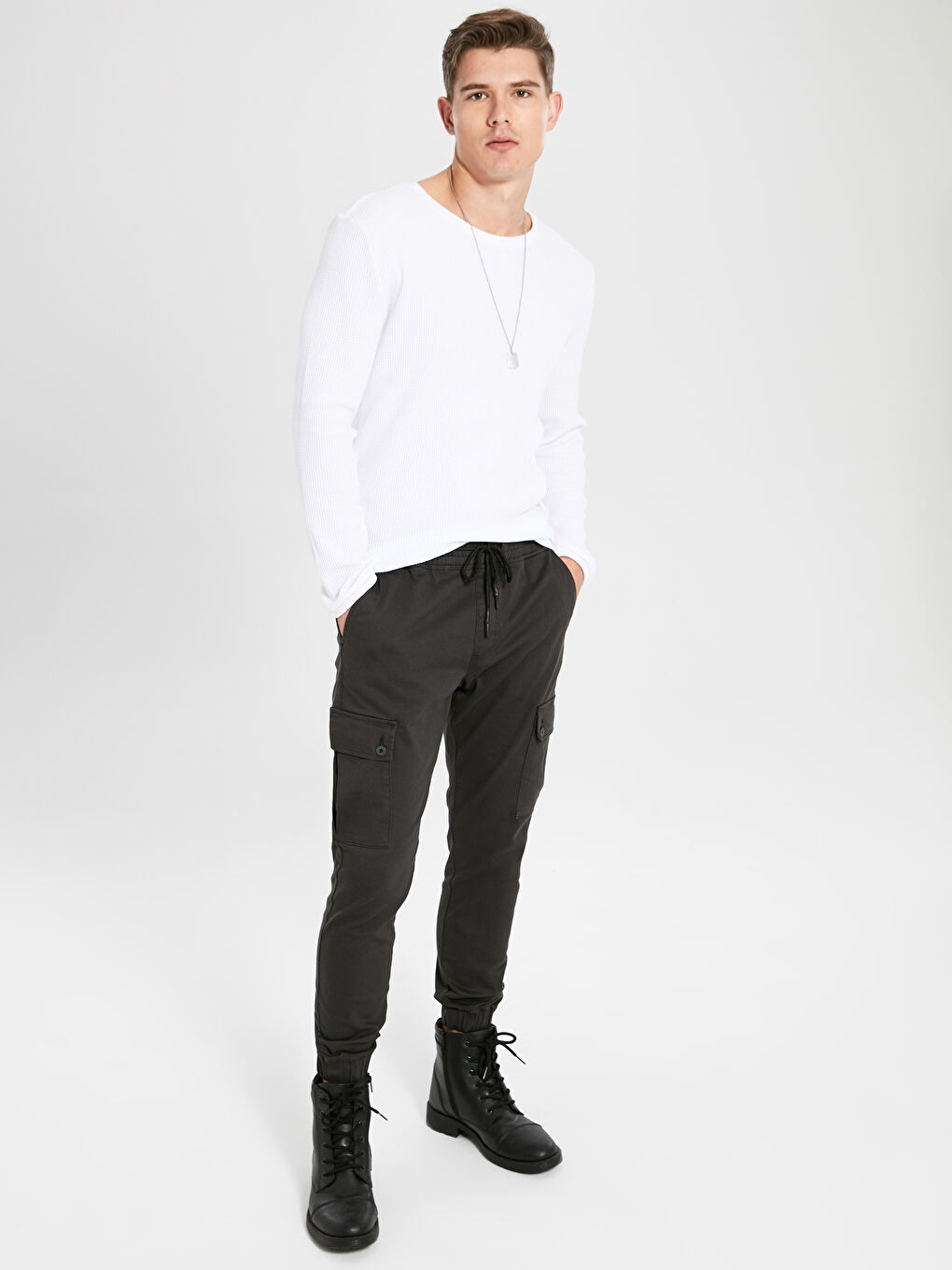 Gri Slim Fit Gabardin Kargo Pantolon-7