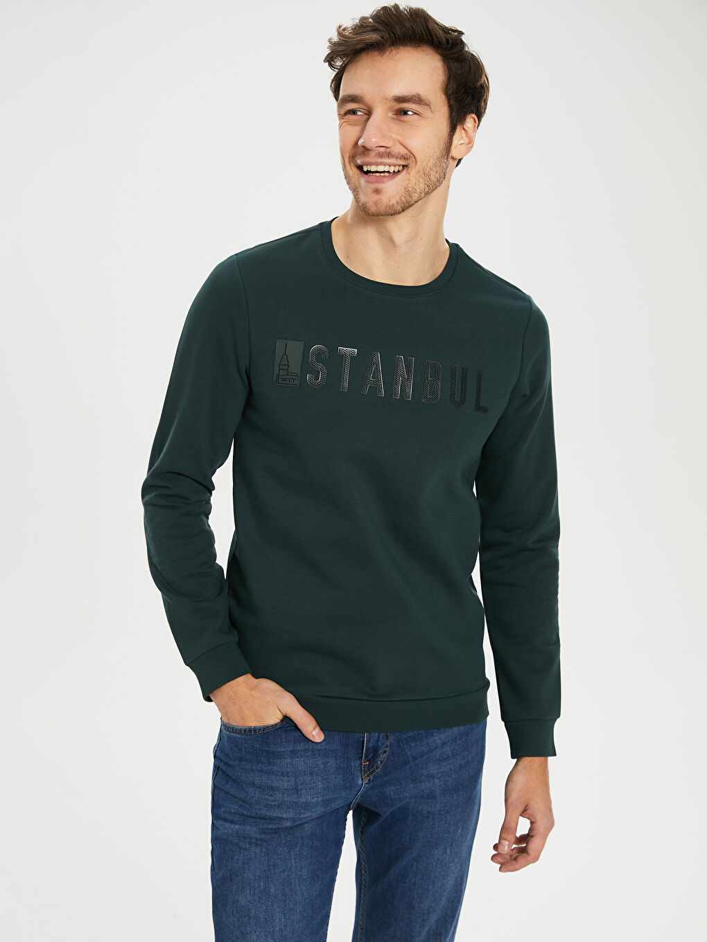 Yeşil Bisiklet Yaka Uzun Kollu Erkek Sweatshirt