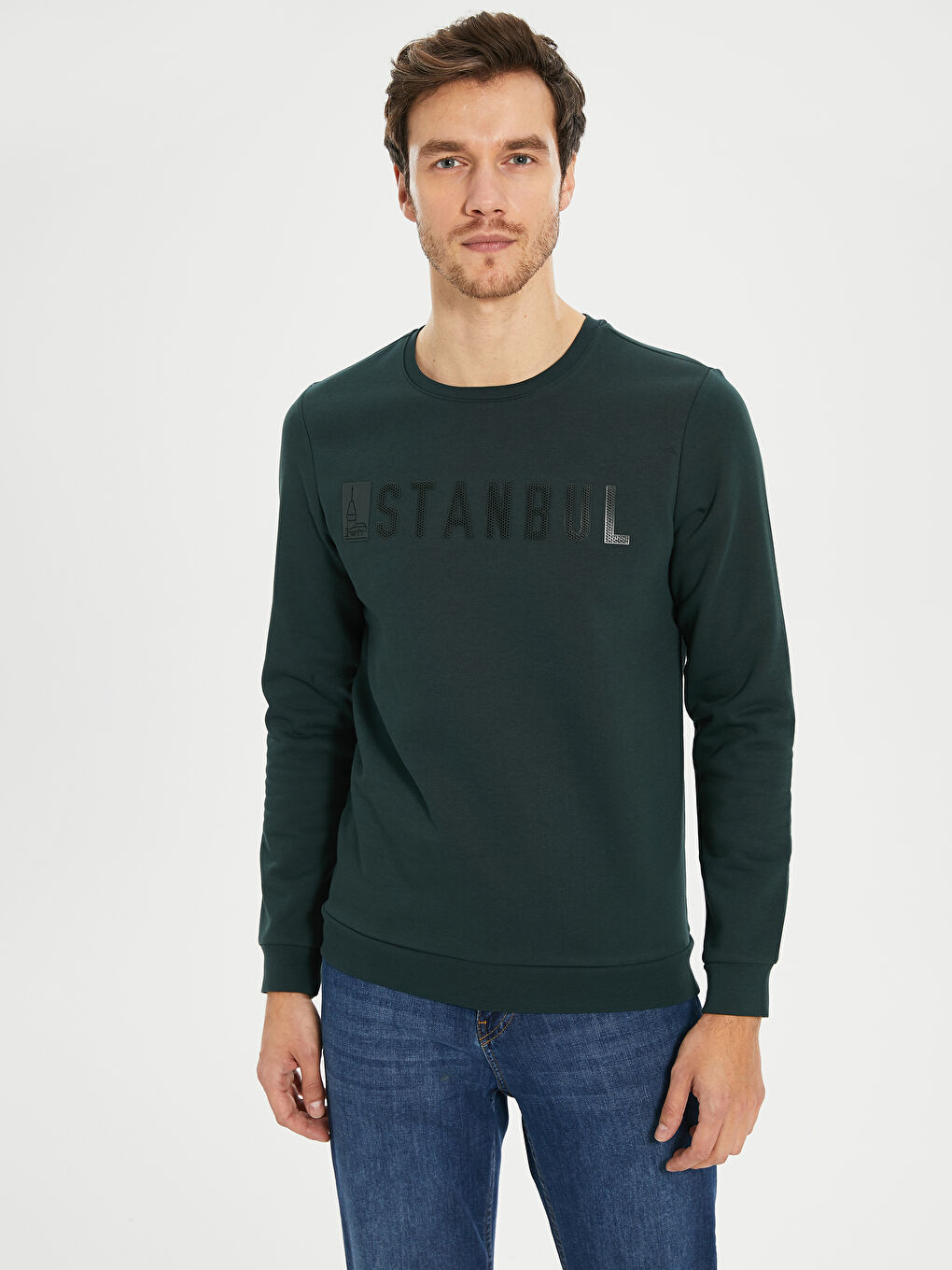 Yeşil Bisiklet Yaka Uzun Kollu Erkek Sweatshirt-1