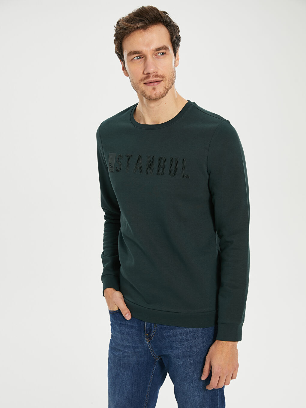 Yeşil Bisiklet Yaka Uzun Kollu Erkek Sweatshirt-2