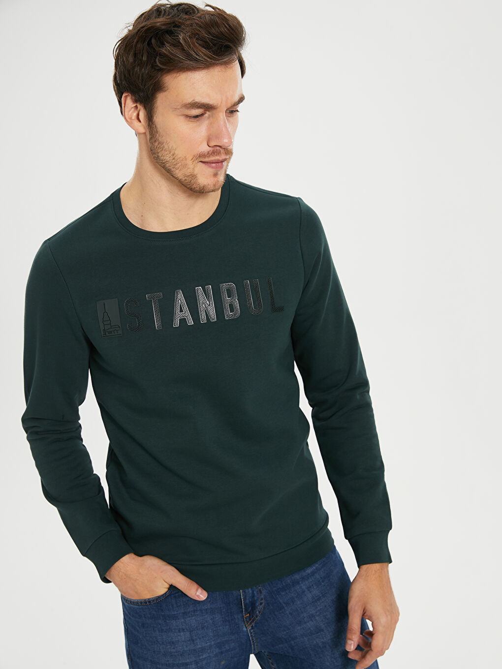 Yeşil Bisiklet Yaka Uzun Kollu Erkek Sweatshirt-3