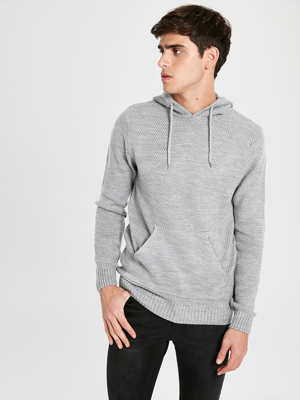 Gri Kapüşonlu Erkek Triko Kazak-1