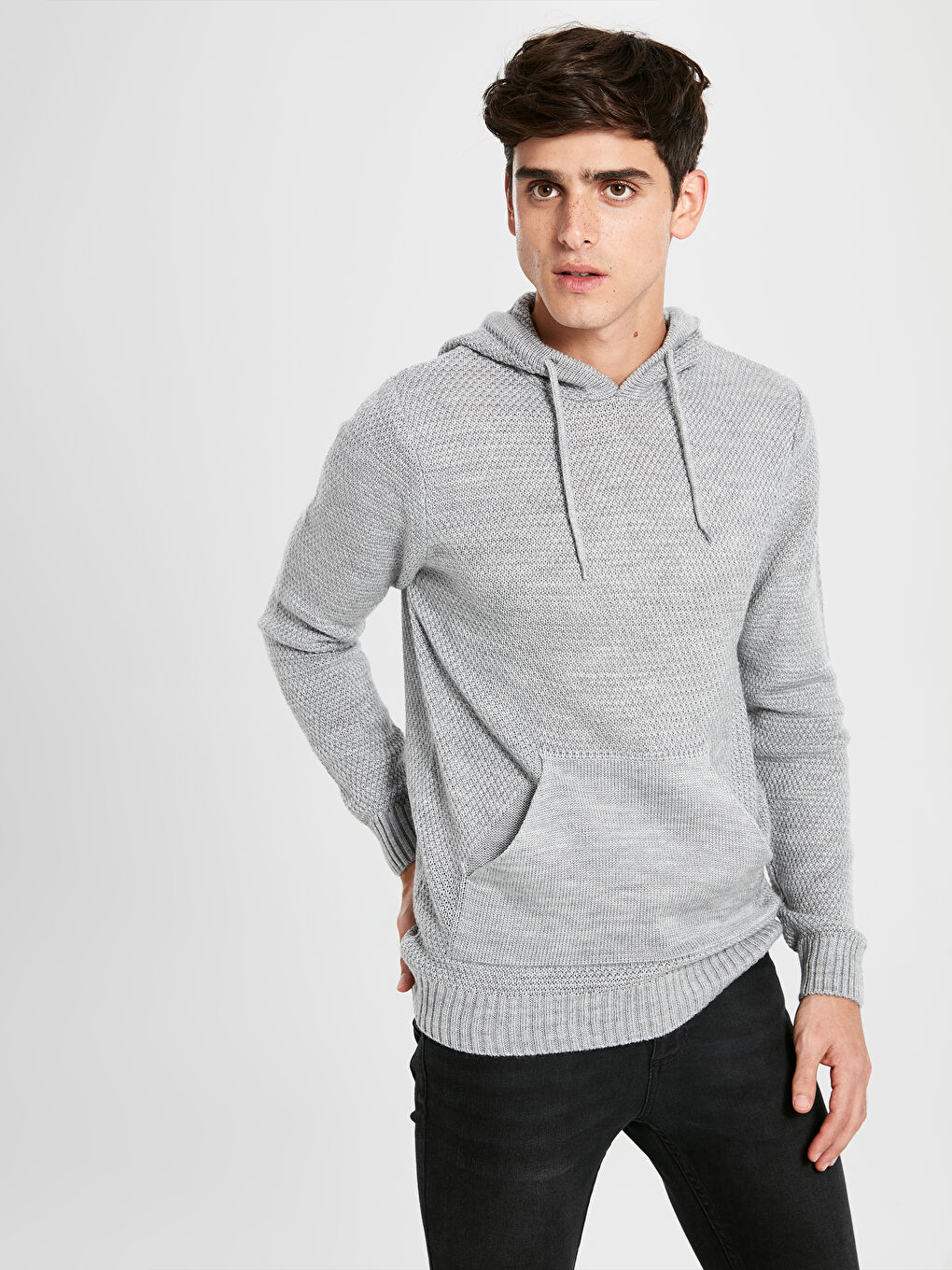 Gri Kapüşonlu Erkek Triko Kazak-2