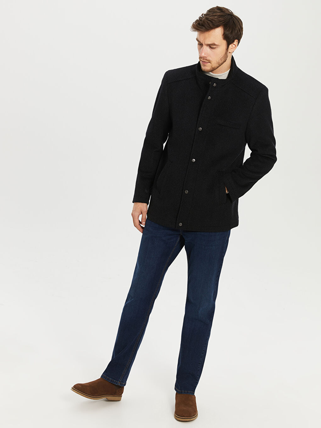Siyah Rahat Kalıp Dik Yaka Erkek Kaşe Kaban-4