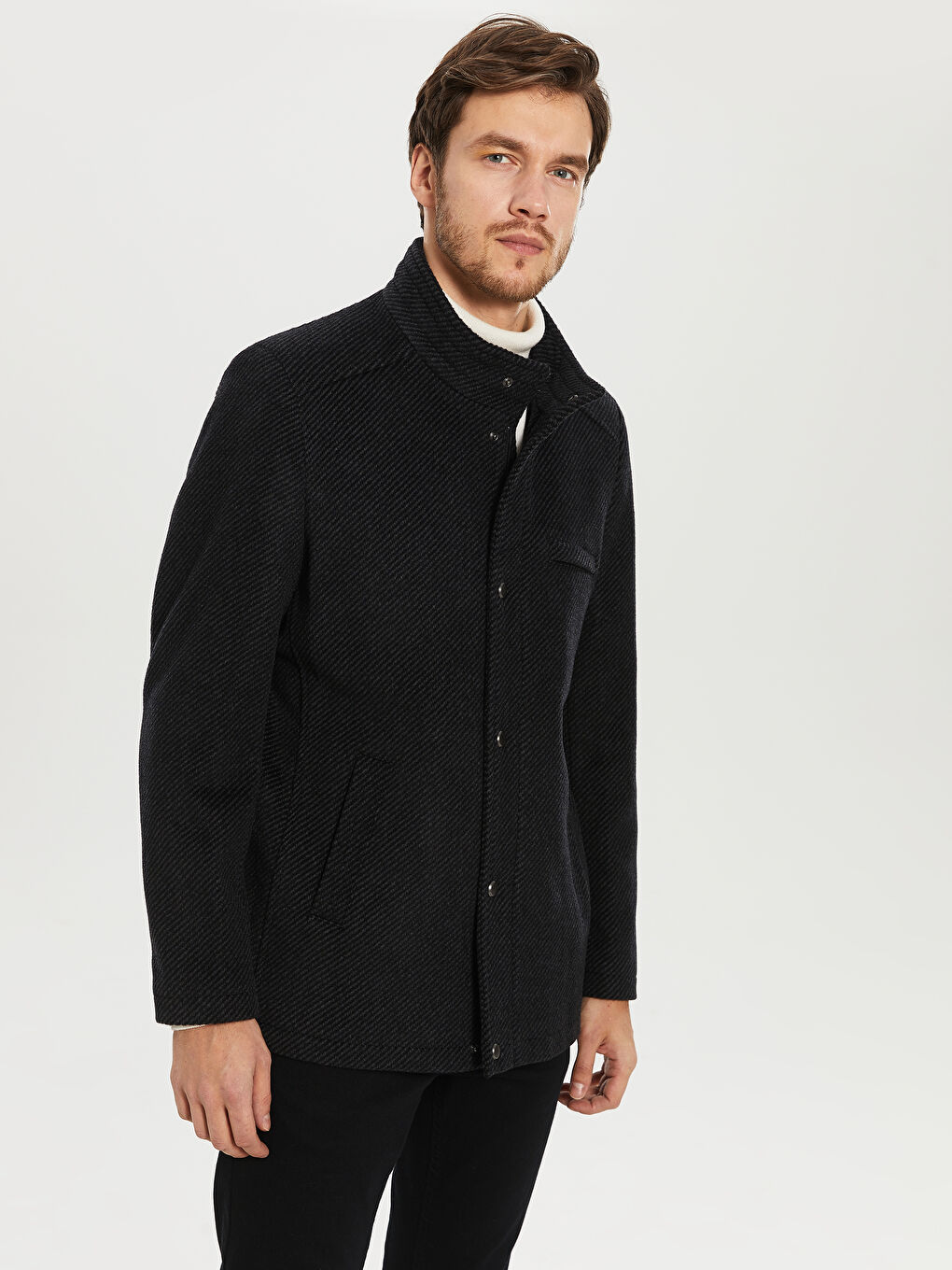 Antrasit Rahat Kalıp Dik Yaka Erkek Kaşe Kaban-2