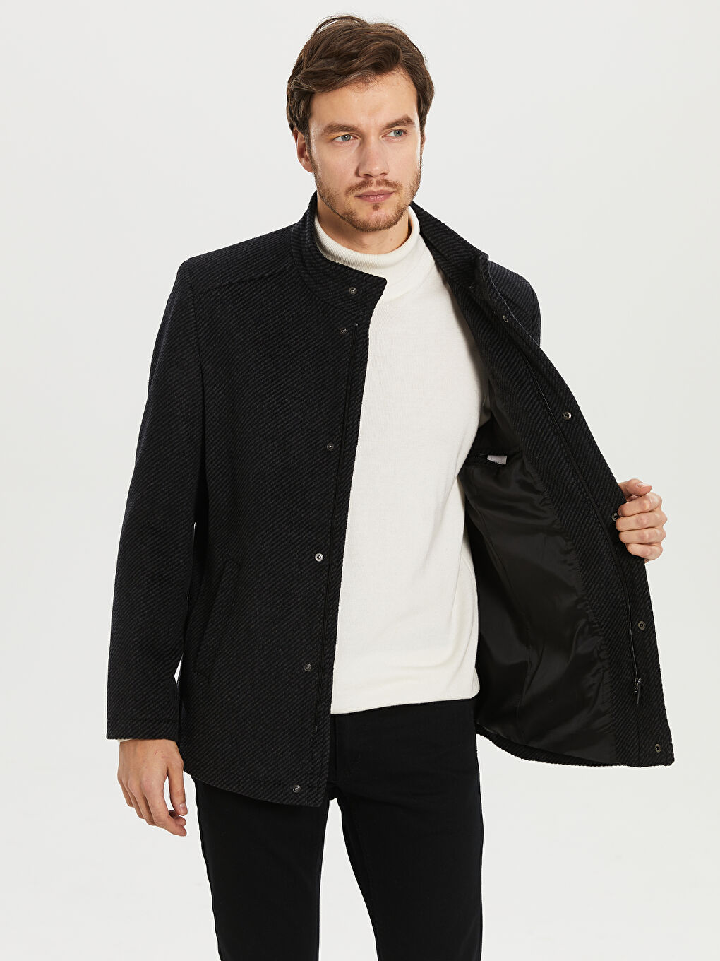 Antrasit Rahat Kalıp Dik Yaka Erkek Kaşe Kaban-3