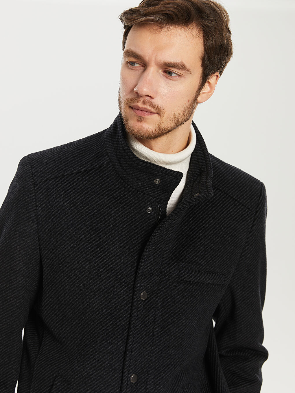 Antrasit Rahat Kalıp Dik Yaka Erkek Kaşe Kaban-4