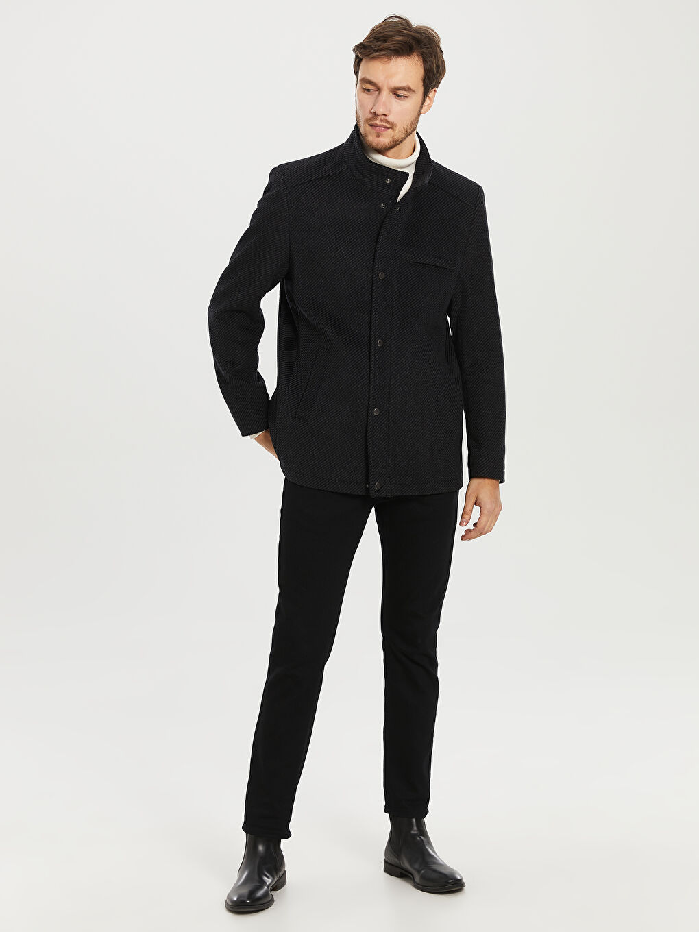 Antrasit Rahat Kalıp Dik Yaka Erkek Kaşe Kaban-6