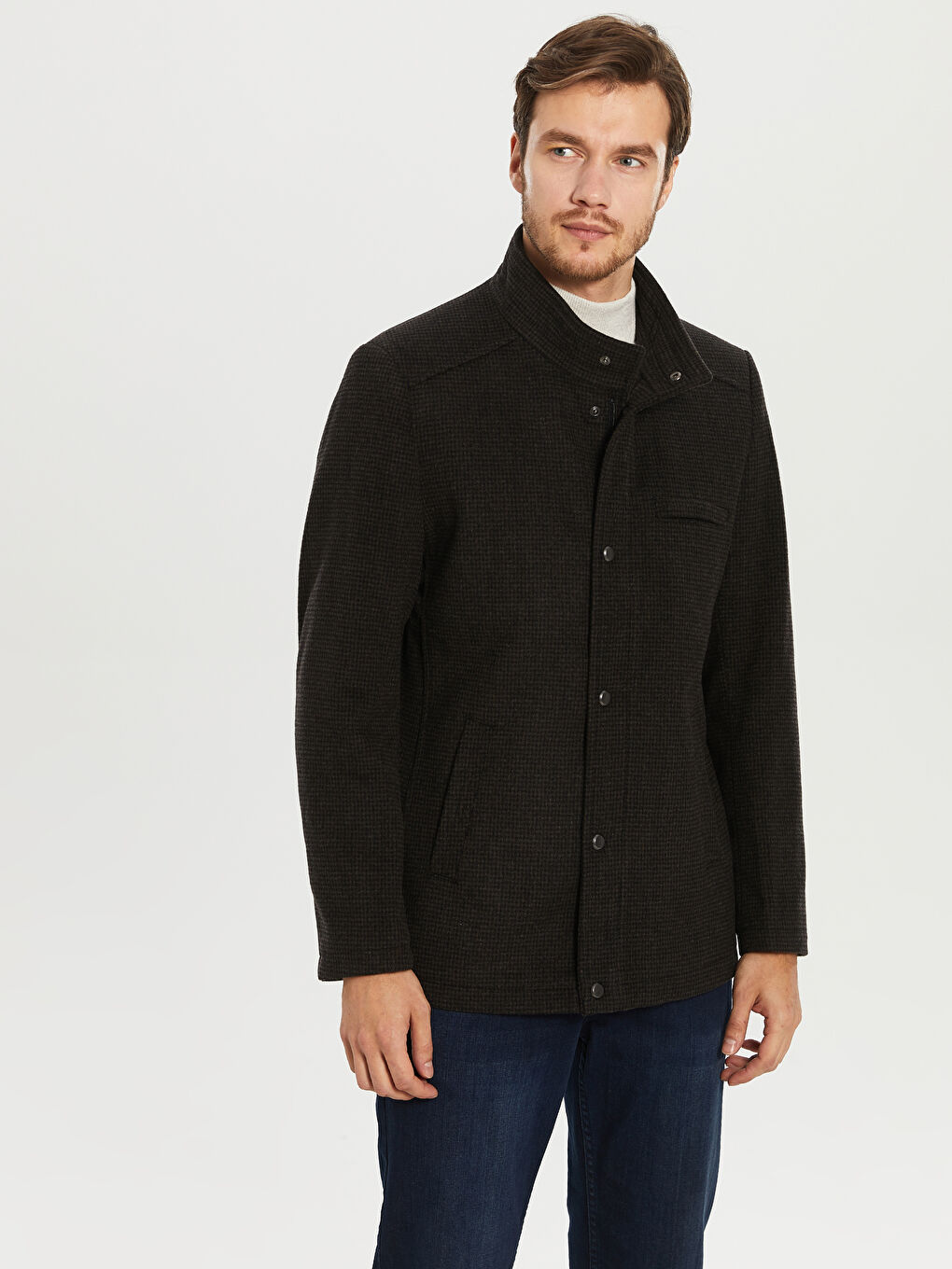 Kahverengi Rahat Kalıp Dik Yaka Erkek Kaşe Kaban