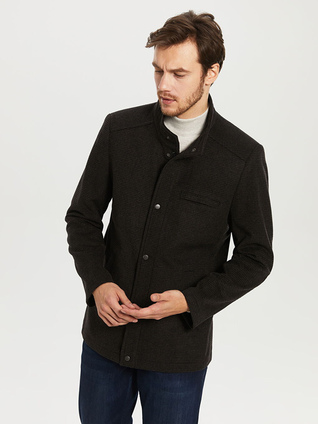 Kahverengi Rahat Kalıp Dik Yaka Erkek Kaşe Kaban-2