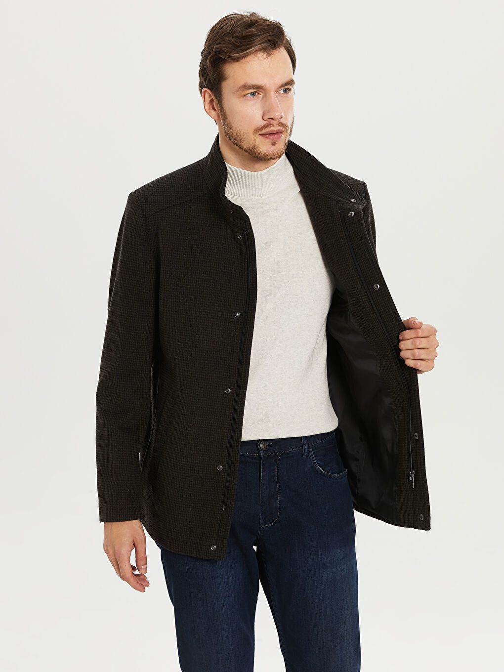 Kahverengi Rahat Kalıp Dik Yaka Erkek Kaşe Kaban-3