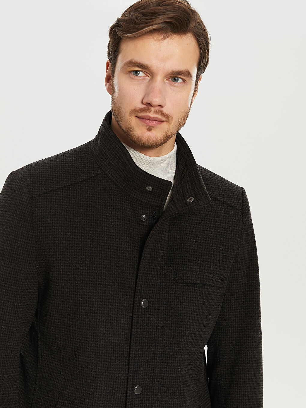 Kahverengi Rahat Kalıp Dik Yaka Erkek Kaşe Kaban-4