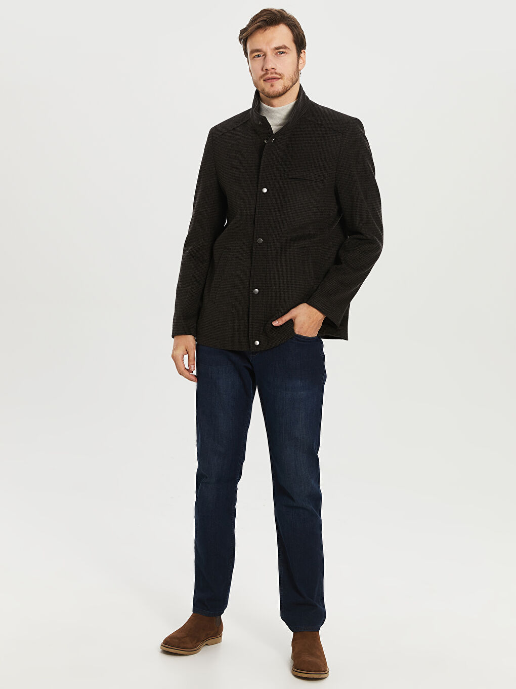 Kahverengi Rahat Kalıp Dik Yaka Erkek Kaşe Kaban-6