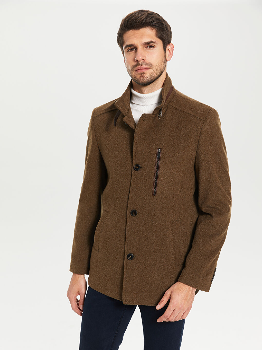 Bej Standart Kalıp Dik Yaka Erkek Kaşe Kaban-1