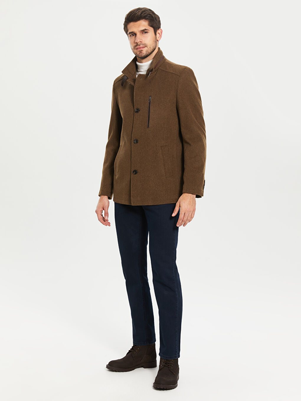 Bej Standart Kalıp Dik Yaka Erkek Kaşe Kaban-2