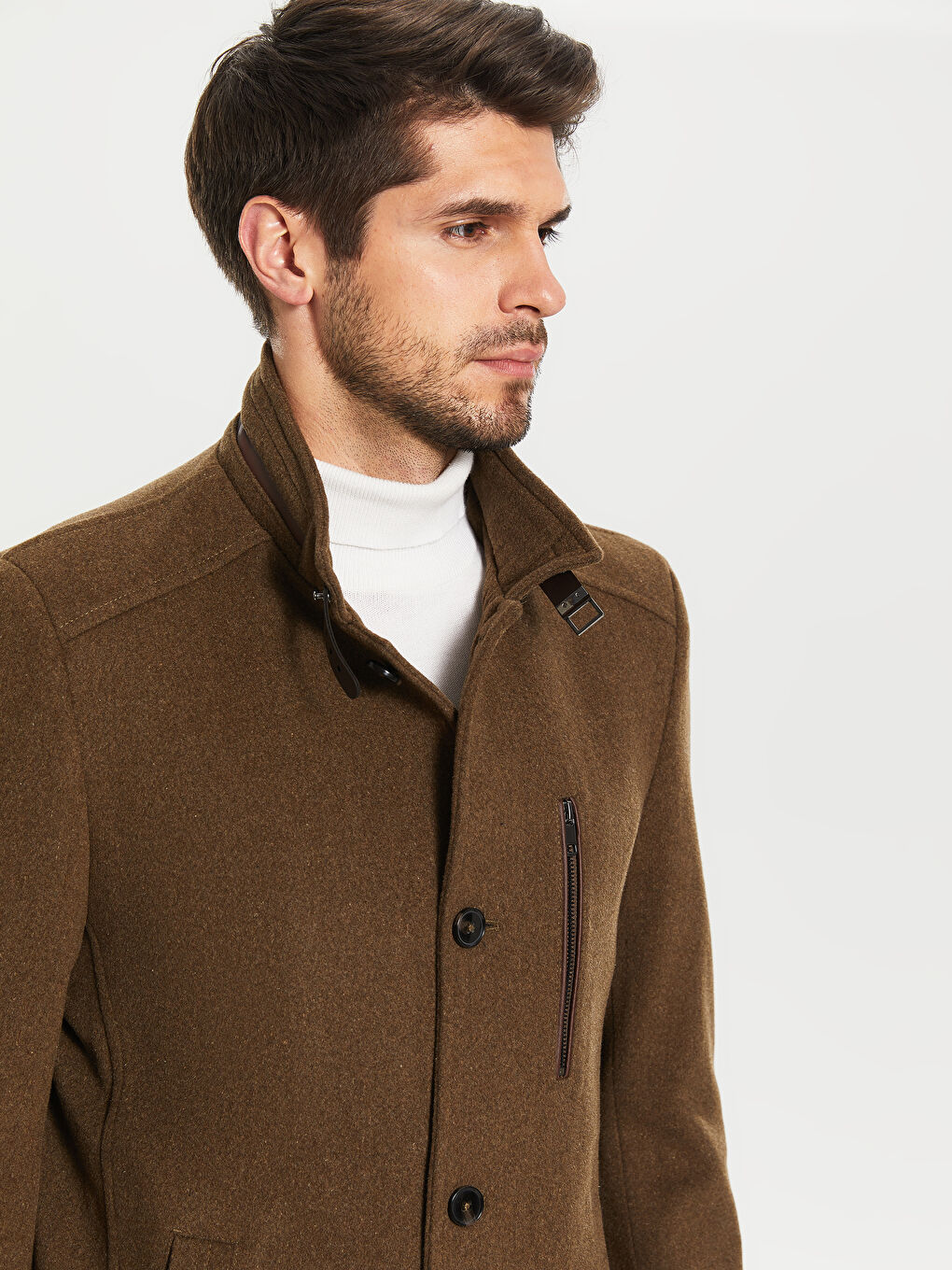 Bej Standart Kalıp Dik Yaka Erkek Kaşe Kaban-3