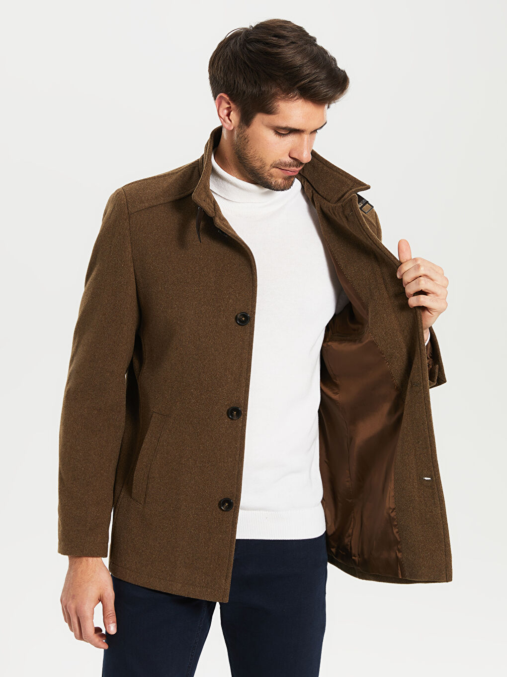 Bej Standart Kalıp Dik Yaka Erkek Kaşe Kaban-4