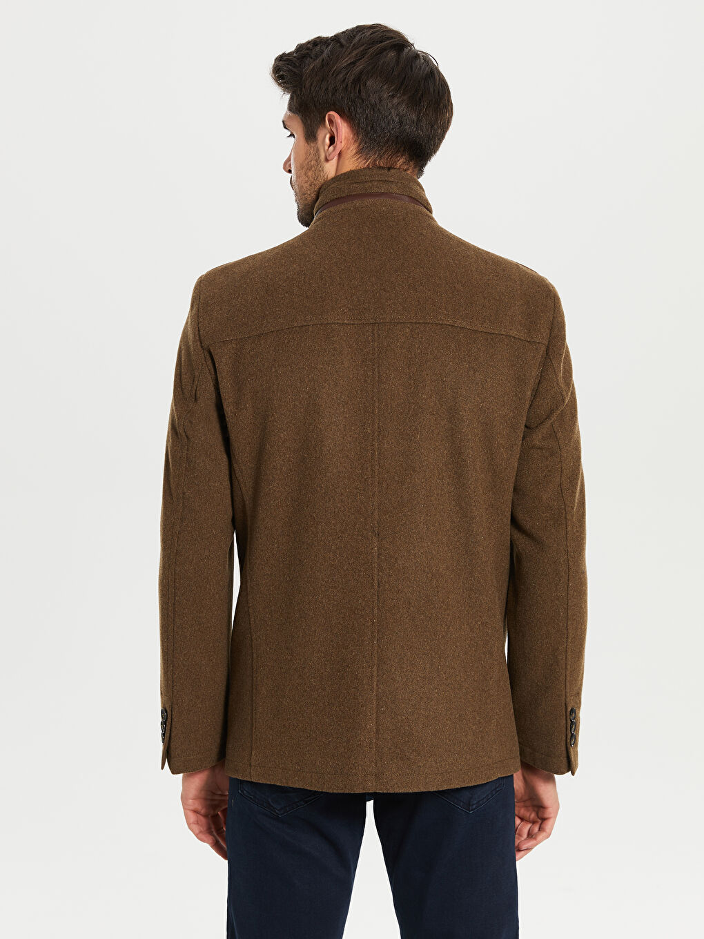 Bej Standart Kalıp Dik Yaka Erkek Kaşe Kaban-5