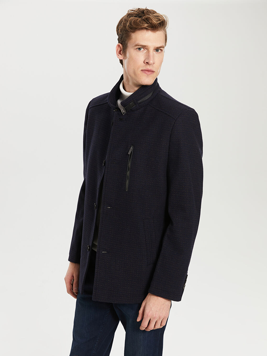 Lacivert Standart Kalıp Dik Yaka Erkek Kaşe Kaban