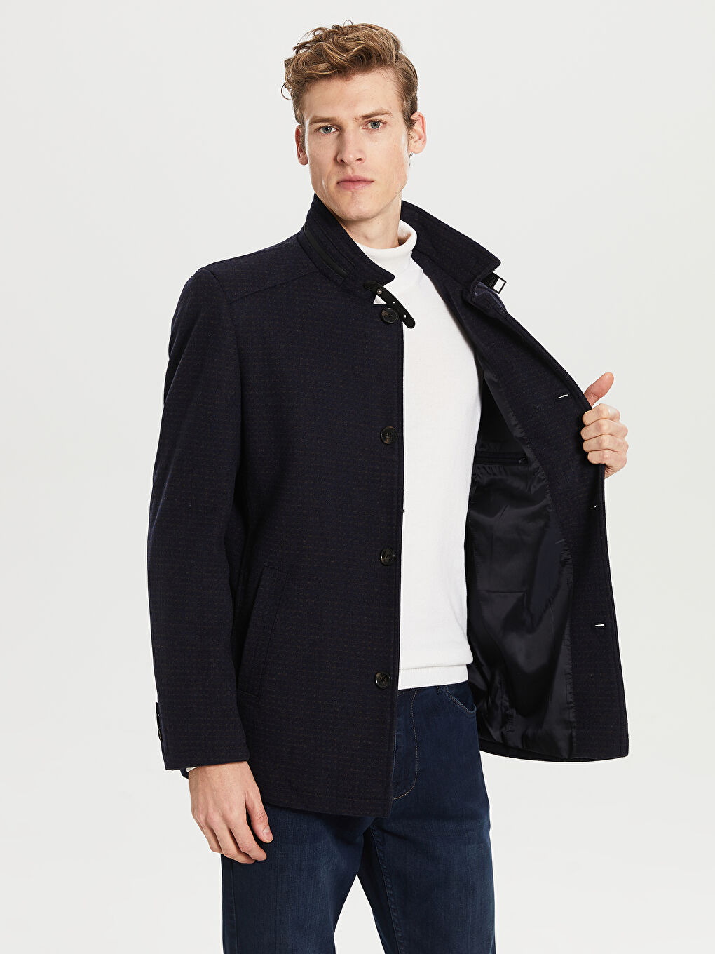 Lacivert Standart Kalıp Dik Yaka Erkek Kaşe Kaban-2