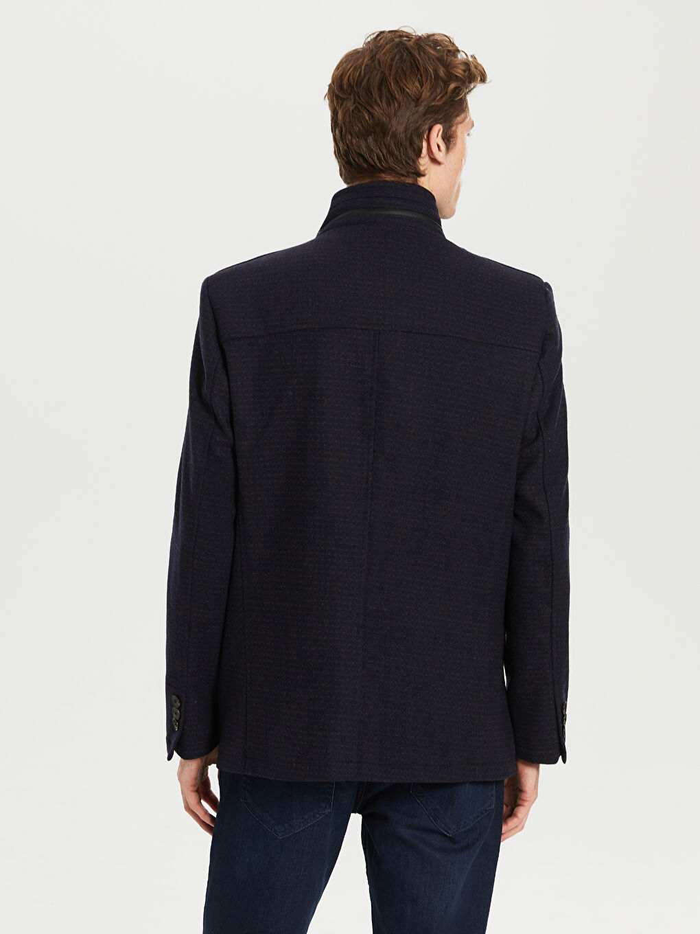 Lacivert Standart Kalıp Dik Yaka Erkek Kaşe Kaban-3