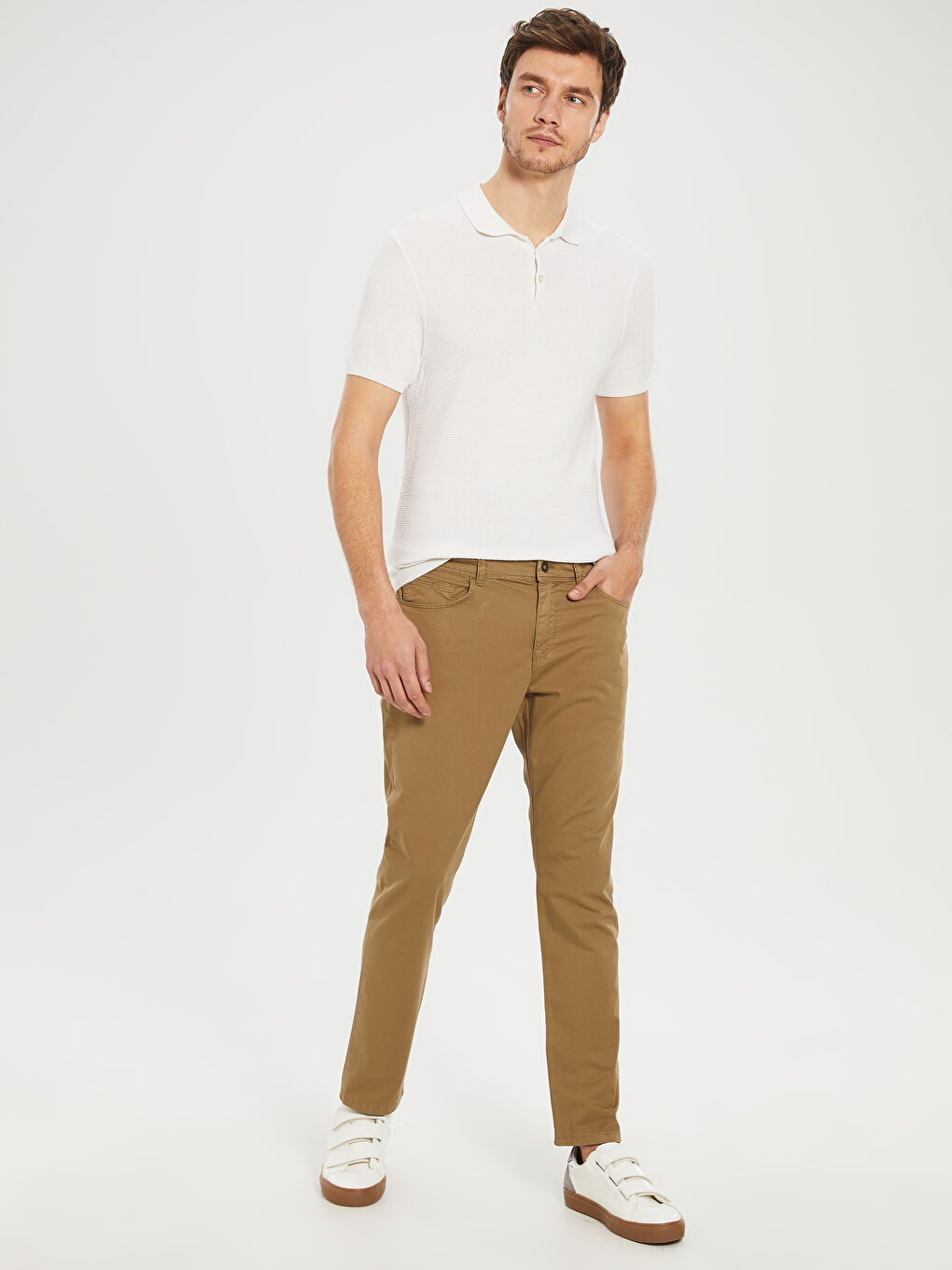 Bej Dar Kalıp Gabardin Erkek Chino Pantolon-2