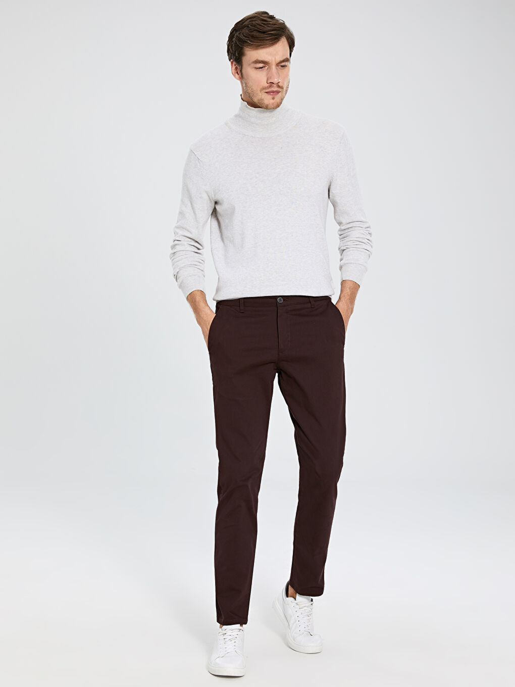 Bordo Dar Kalıp Erkek Chino Pantolon-1
