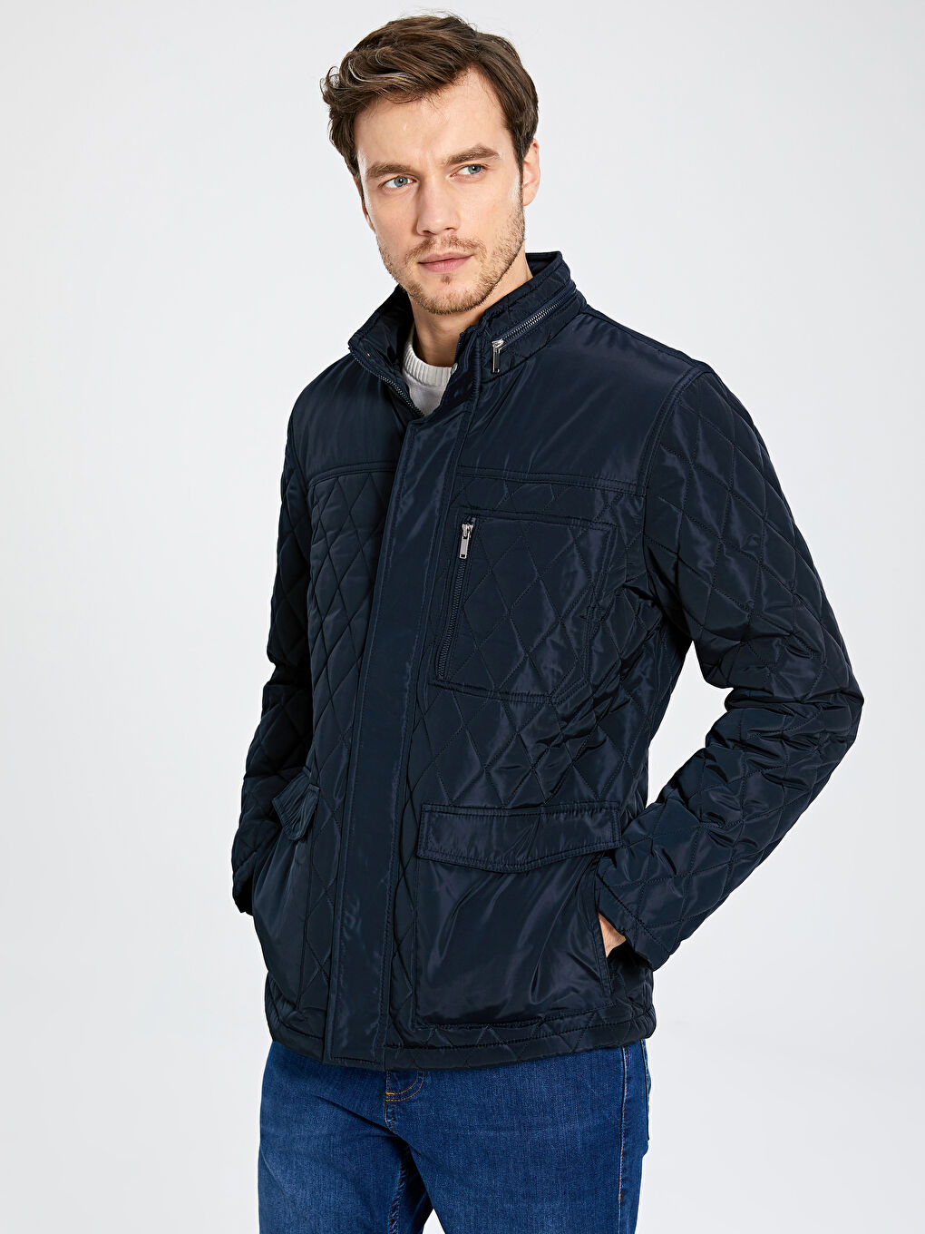 Lacivert Dik Yaka Erkek Şişme Mont