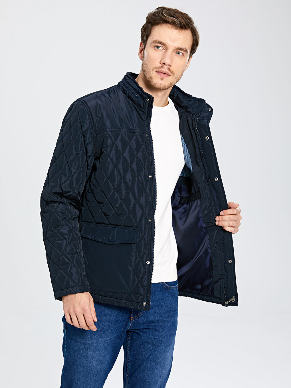 Lacivert Dik Yaka Erkek Şişme Mont-3