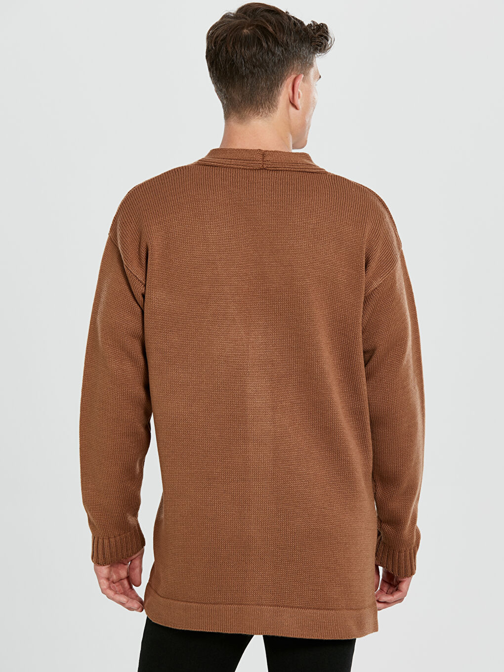 Kahverengi Oversize Şal Yaka İnce Erkek Triko Hırka-1