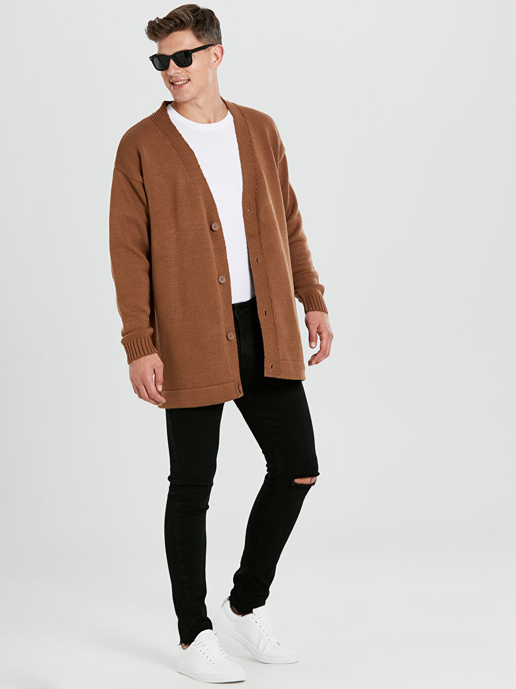 Kahverengi Oversize Şal Yaka İnce Erkek Triko Hırka-2