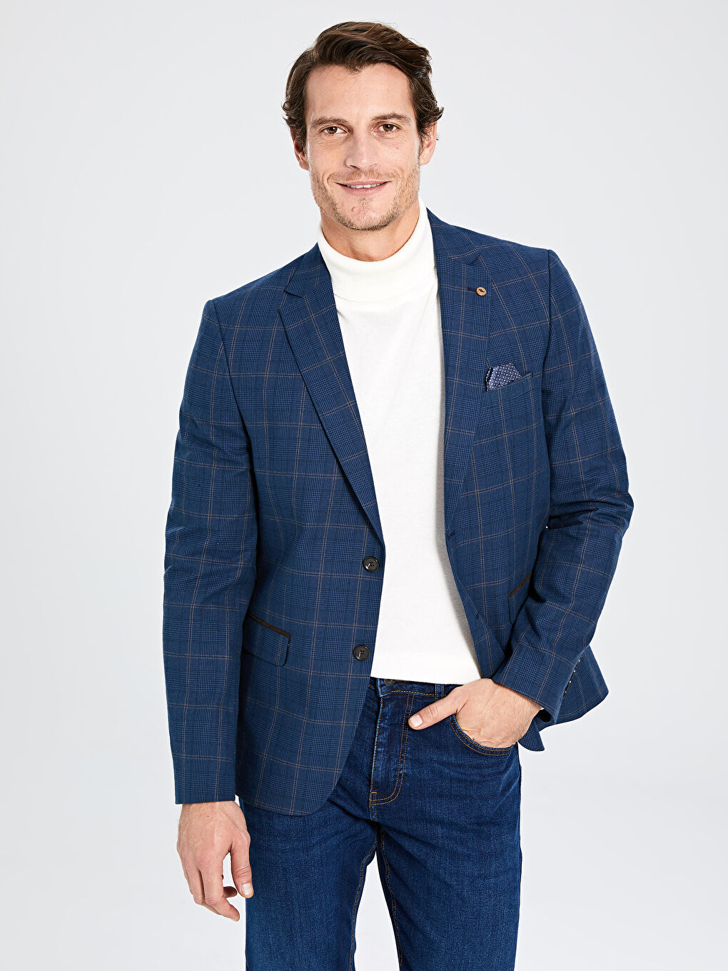 Lacivert Ekoseli Blazer Ceket